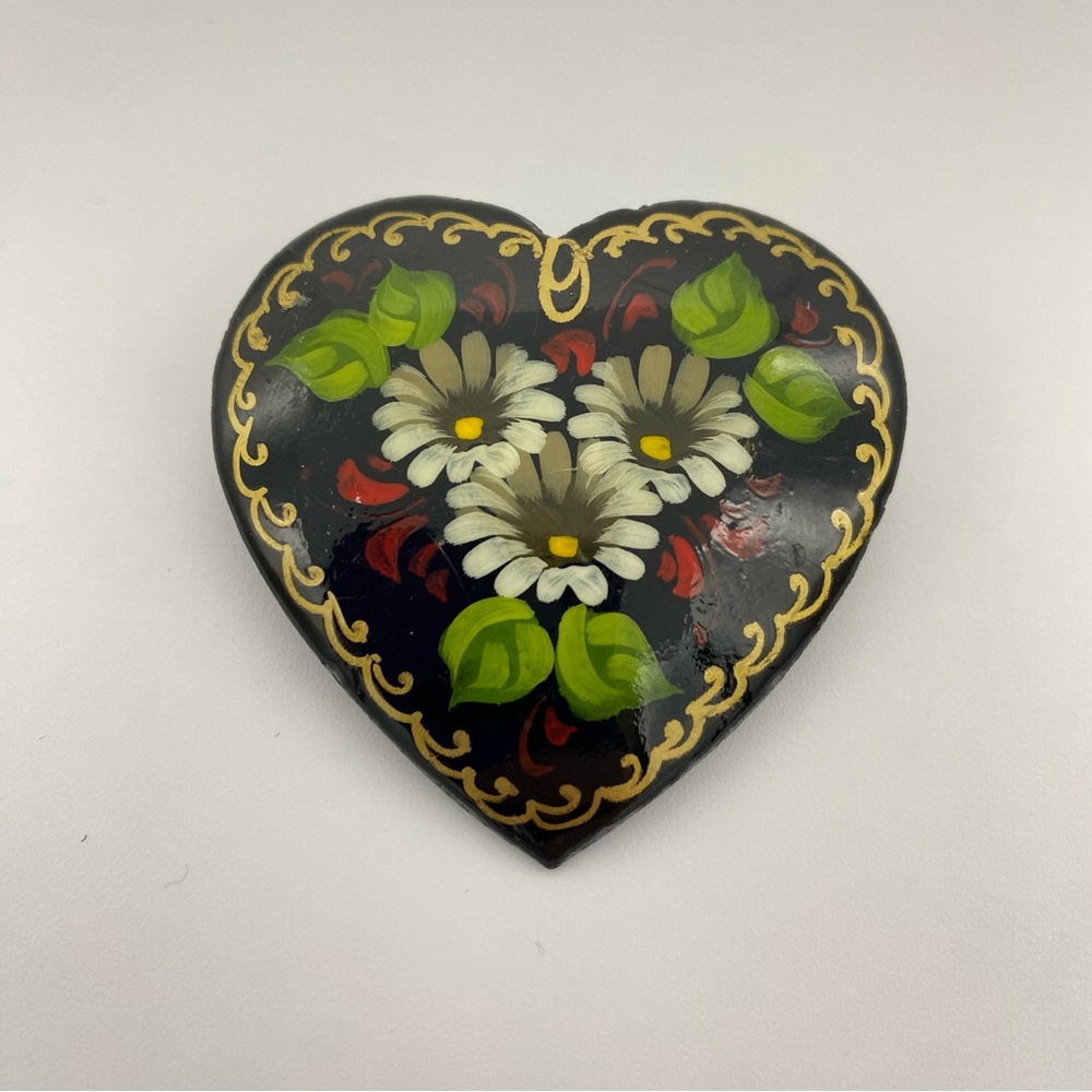 Russian Vintage Floral Hand Painted Signed Heart Shaped Brooch